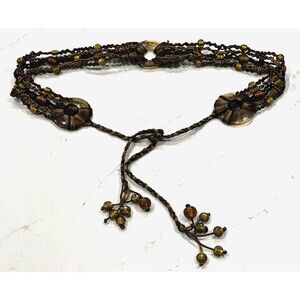 Retro Womens Macrame Brown Black Resin Bead BOHO BOHEMIAN Tie Belt lgth 36-72 "